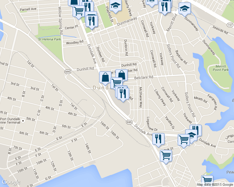 map of restaurants, bars, coffee shops, grocery stores, and more near 6879 Broening Rd in Dundalk