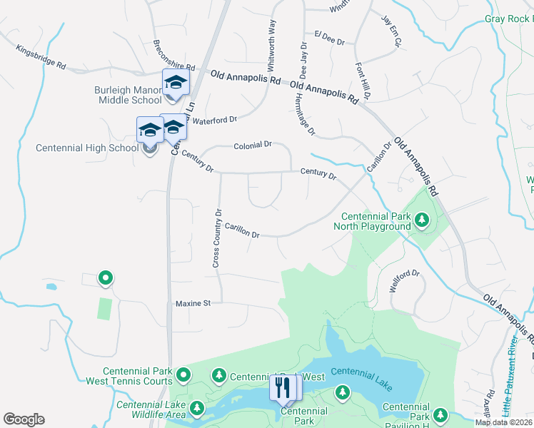 map of restaurants, bars, coffee shops, grocery stores, and more near 10093 Century Drive in Ellicott City