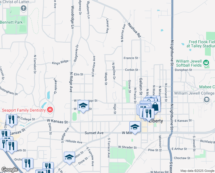 map of restaurants, bars, coffee shops, grocery stores, and more near 325 Maple Street in Liberty