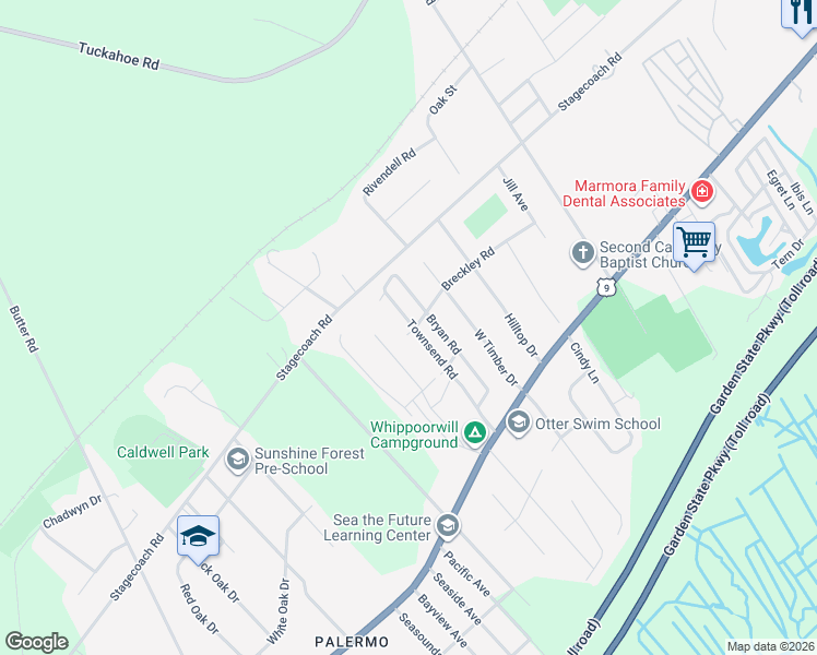 map of restaurants, bars, coffee shops, grocery stores, and more near 120 Townsend Road in Upper Township