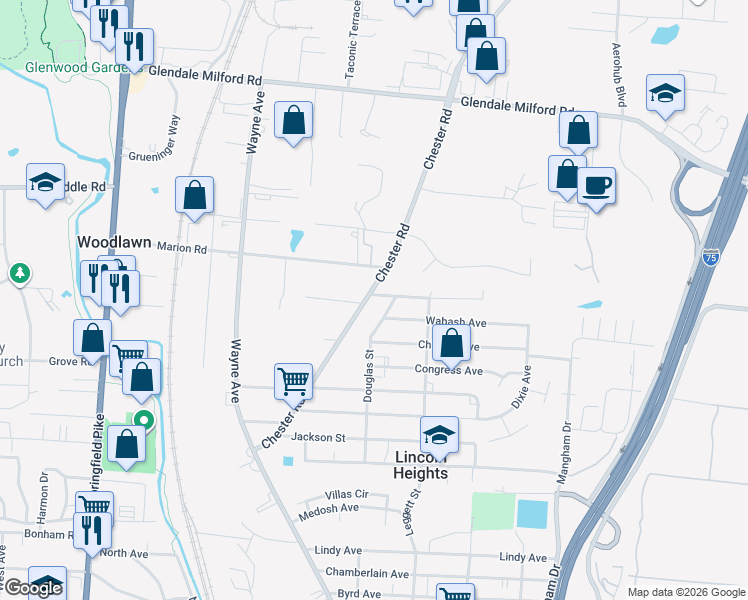 map of restaurants, bars, coffee shops, grocery stores, and more near 10147 Chester Road in Cincinnati