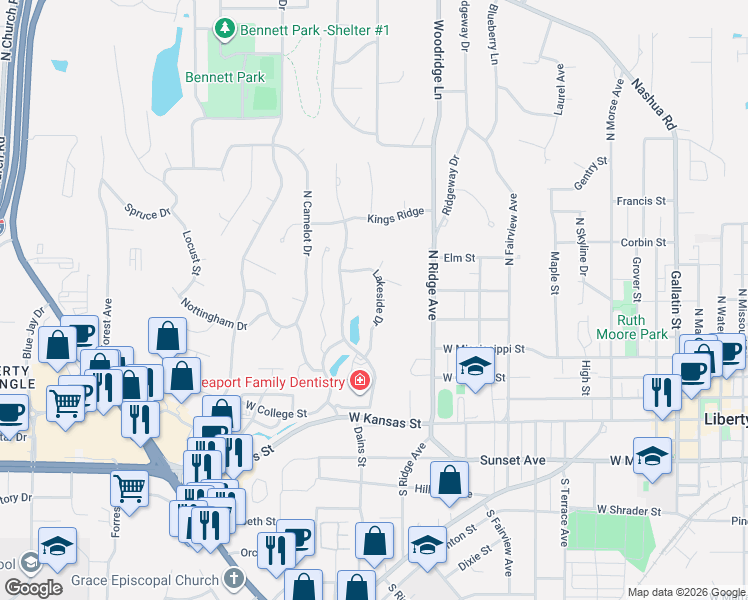 map of restaurants, bars, coffee shops, grocery stores, and more near 330 Lakeside Drive in Liberty