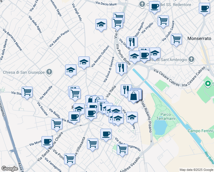 map of restaurants, bars, coffee shops, grocery stores, and more near 11 Via Emanuele Filiberto in Cagliari