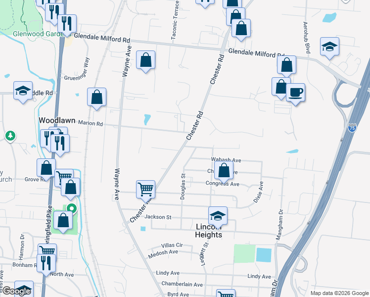 map of restaurants, bars, coffee shops, grocery stores, and more near 10147 Chester Road in Cincinnati