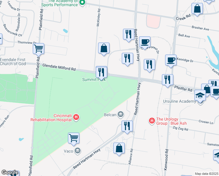 map of restaurants, bars, coffee shops, grocery stores, and more near 980 Summit Place in Blue Ash