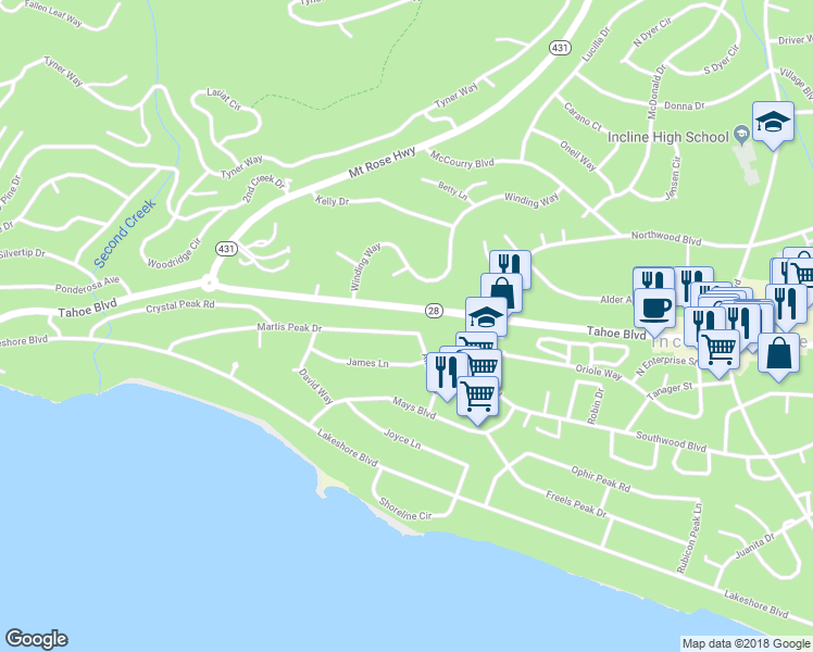 map of restaurants, bars, coffee shops, grocery stores, and more near 738 Martis Peak Drive in Incline Village