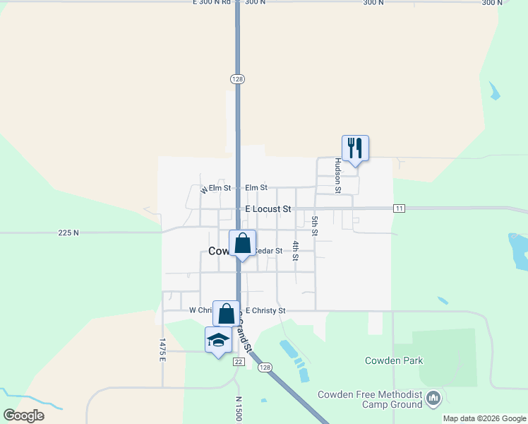 map of restaurants, bars, coffee shops, grocery stores, and more near 216 East Locust Street in Cowden