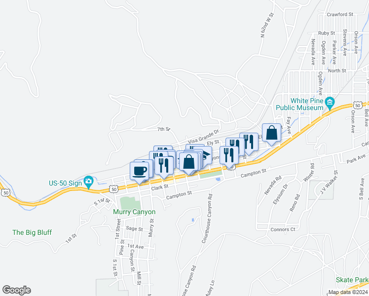 map of restaurants, bars, coffee shops, grocery stores, and more near 734 Ely Street in Ely