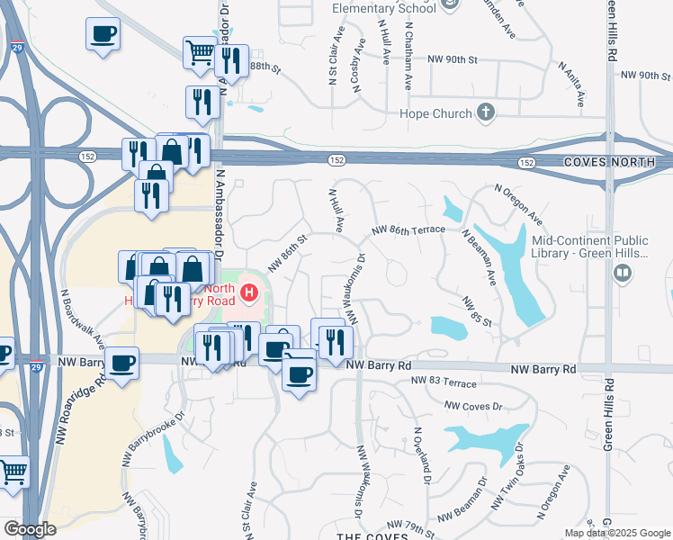 map of restaurants, bars, coffee shops, grocery stores, and more near 5500 Northwest 86th Court in Kansas City