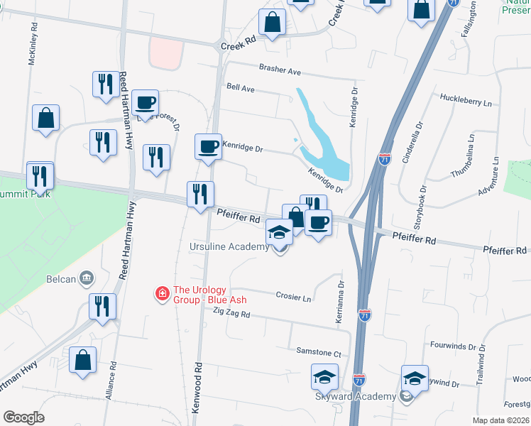 map of restaurants, bars, coffee shops, grocery stores, and more near 5720 Old Pfeiffer Lane in Blue Ash