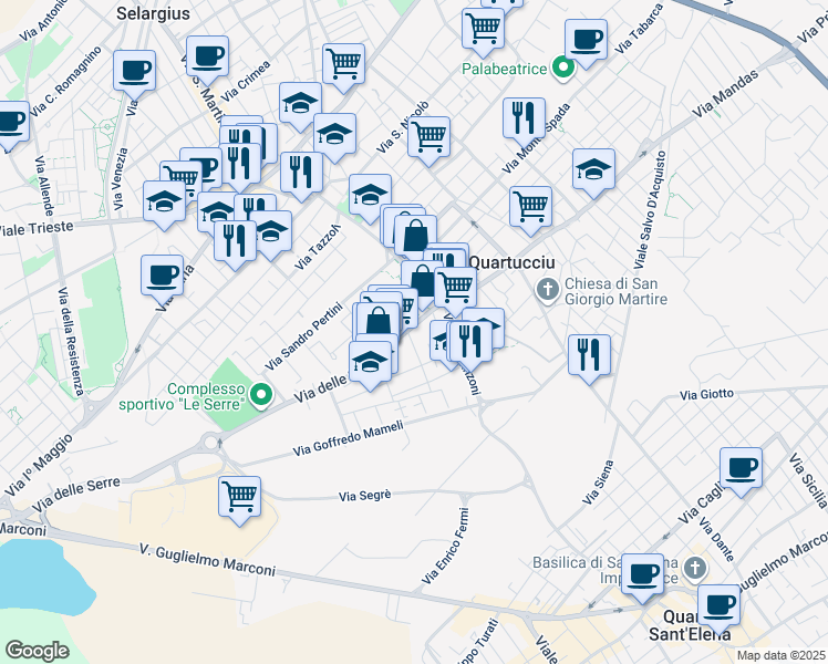 map of restaurants, bars, coffee shops, grocery stores, and more near 20 Via delle Serre in Quartucciu