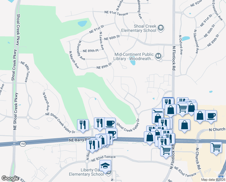 map of restaurants, bars, coffee shops, grocery stores, and more near 8703 North Lewis Avenue in Kansas City