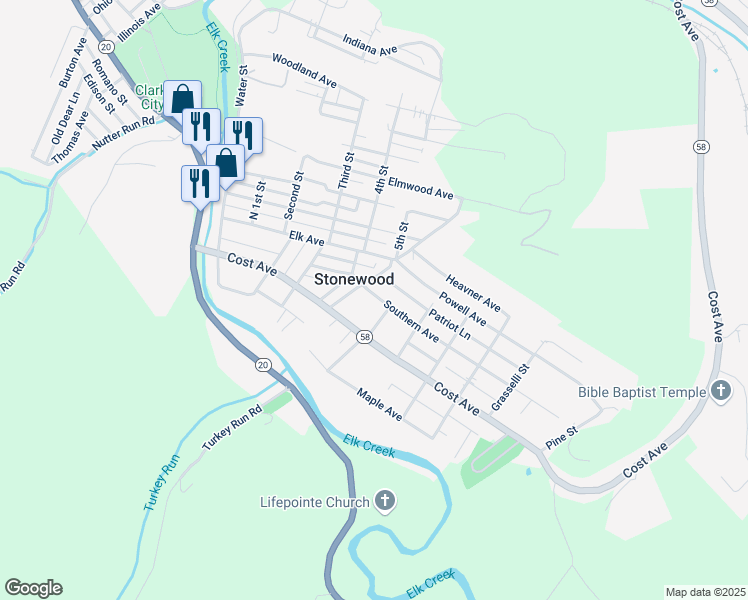 map of restaurants, bars, coffee shops, grocery stores, and more near 301-399 Southern Ave in Stonewood