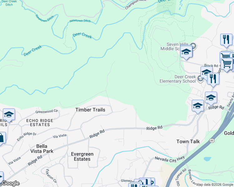 map of restaurants, bars, coffee shops, grocery stores, and more near 11375 Deer Creek Lane in Nevada City