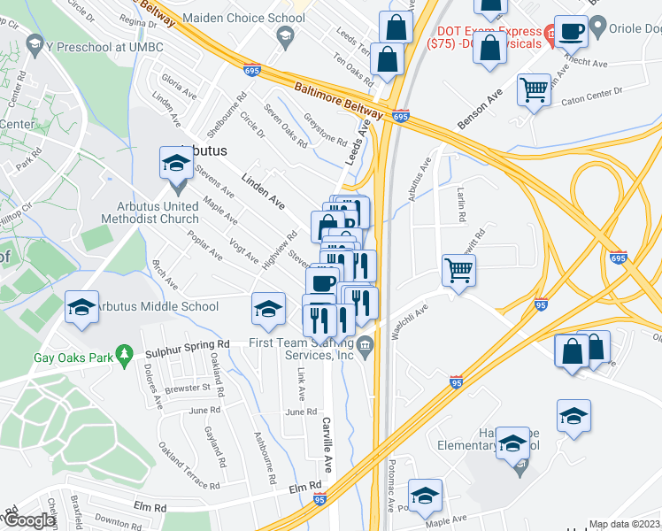 map of restaurants, bars, coffee shops, grocery stores, and more near 1313 Linden Avenue in Halethorpe
