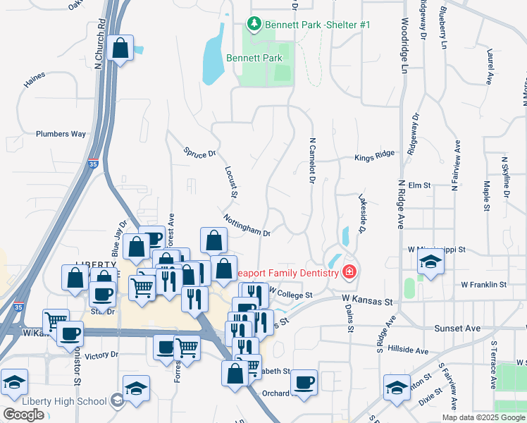 map of restaurants, bars, coffee shops, grocery stores, and more near 392 North Clayview Drive in Liberty