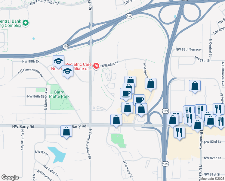 map of restaurants, bars, coffee shops, grocery stores, and more near 8571 North Hickory Street in Kansas City