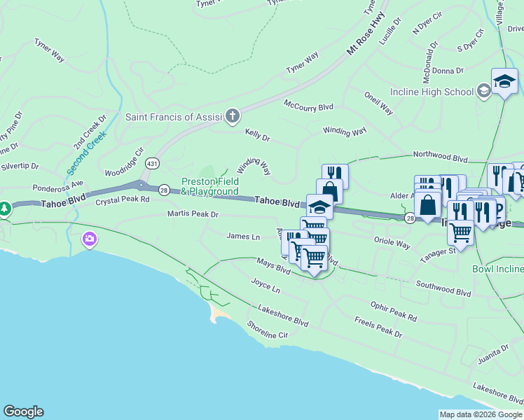 map of restaurants, bars, coffee shops, grocery stores, and more near 738 Martis Peak Drive in Incline Village