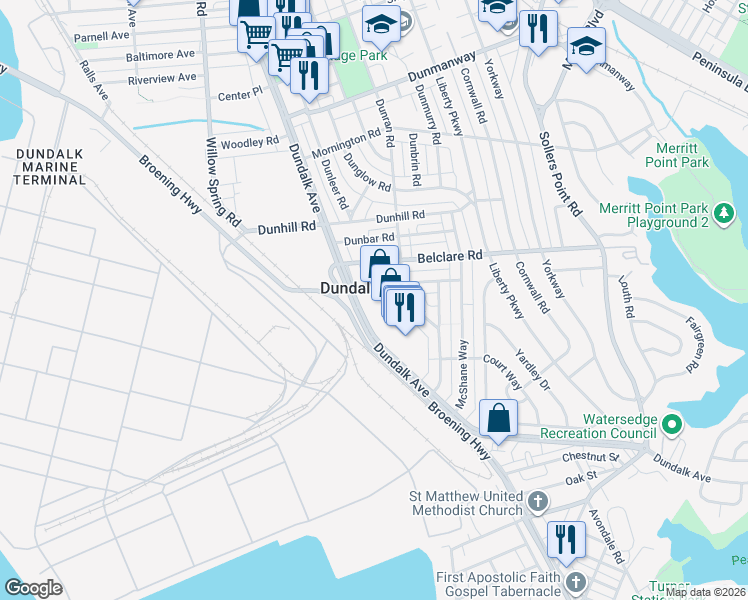 map of restaurants, bars, coffee shops, grocery stores, and more near 3417 Dundalk Avenue in Dundalk