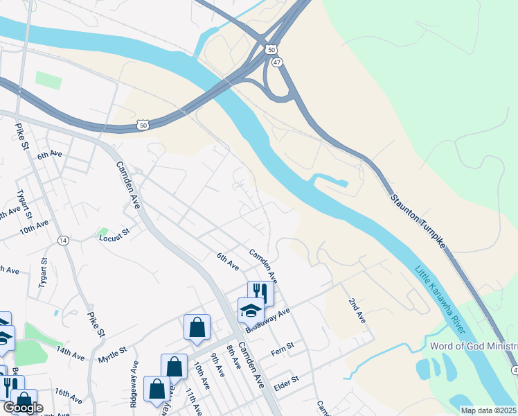 map of restaurants, bars, coffee shops, grocery stores, and more near 128 Hickory Street in Parkersburg