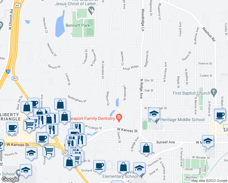map of restaurants, bars, coffee shops, grocery stores, and more near 200 Westwoods Drive in Liberty