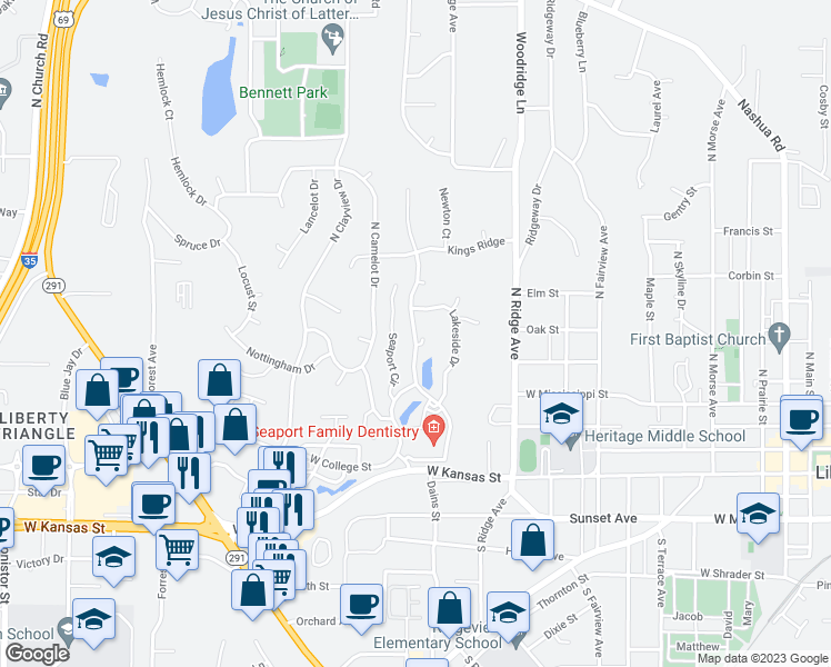 map of restaurants, bars, coffee shops, grocery stores, and more near Westwoods Drive in Liberty