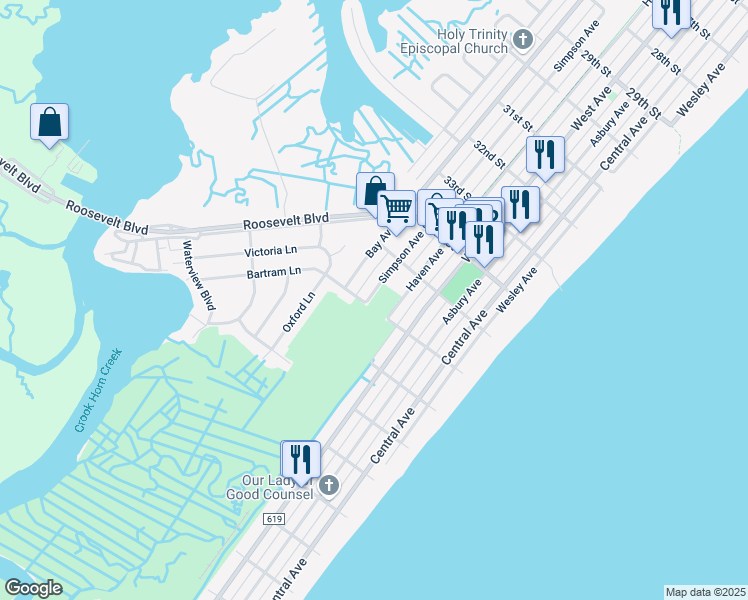 map of restaurants, bars, coffee shops, grocery stores, and more near 125 36th Street in Ocean City