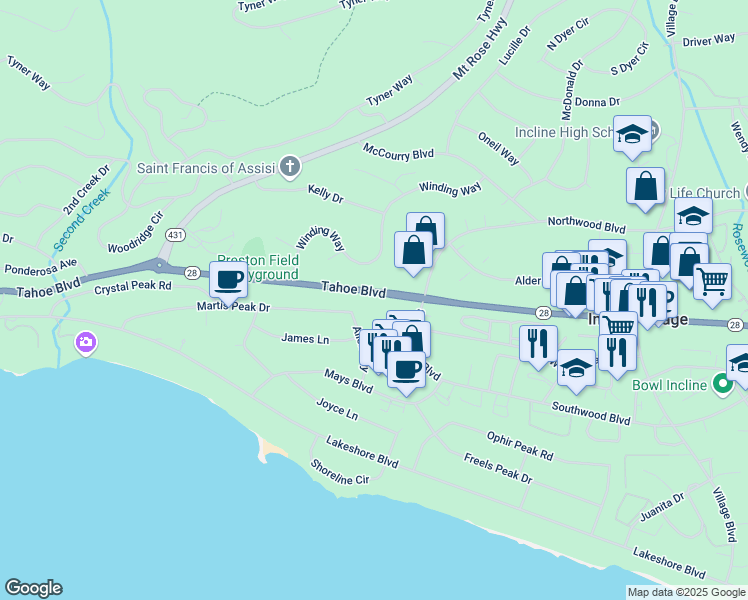 map of restaurants, bars, coffee shops, grocery stores, and more near 751 Tahoe Boulevard in Incline Village