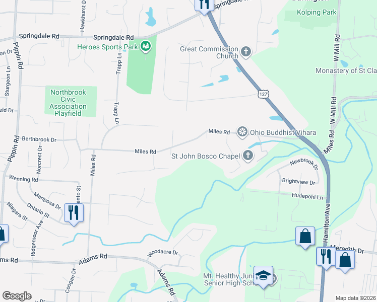 map of restaurants, bars, coffee shops, grocery stores, and more near 1991 Miles Road in Cincinnati