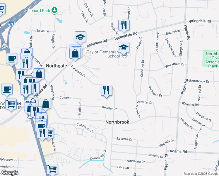 map of restaurants, bars, coffee shops, grocery stores, and more near 9849 Loralinda Drive in Cincinnati