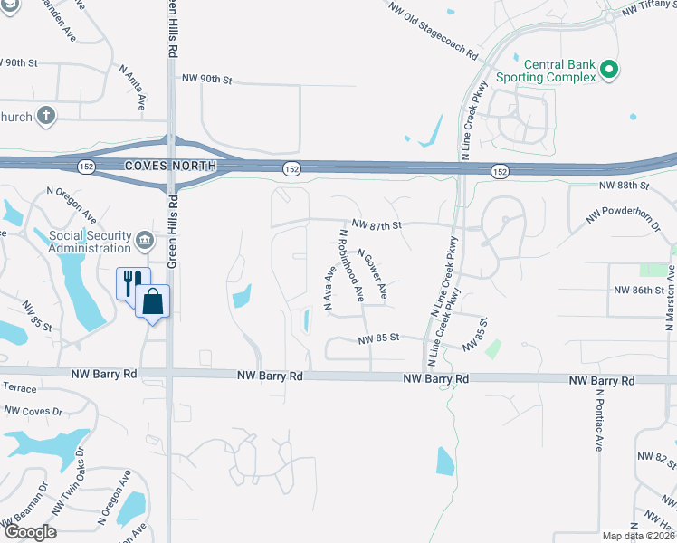 map of restaurants, bars, coffee shops, grocery stores, and more near 8567 North Ava Avenue in Kansas City
