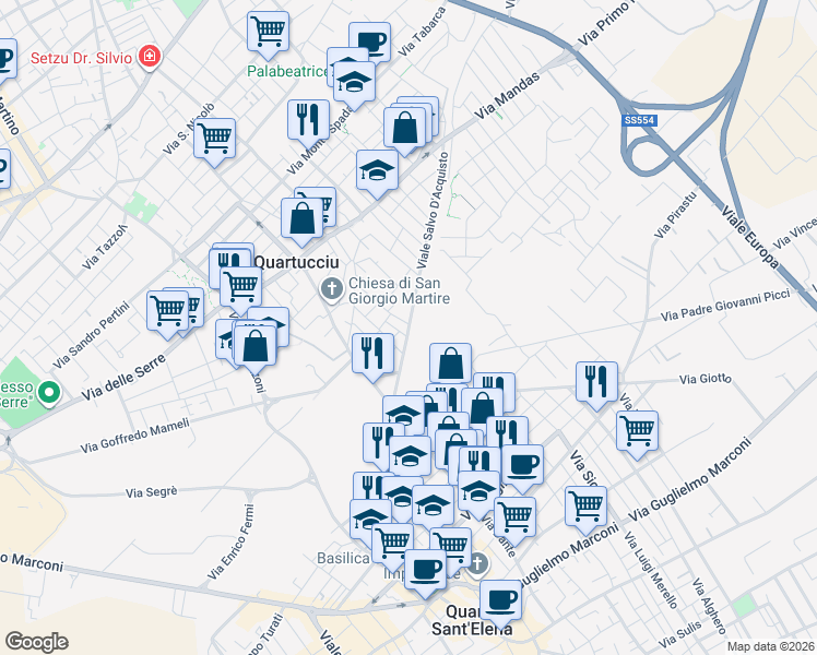map of restaurants, bars, coffee shops, grocery stores, and more near 55 Viale Salvo D'Acquisto in Quartucciu