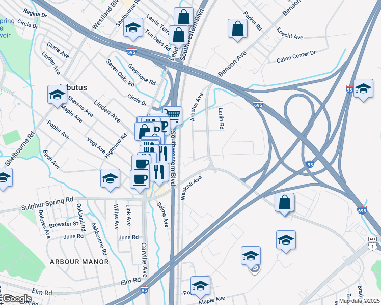 map of restaurants, bars, coffee shops, grocery stores, and more near 5232 Arbutus Avenue in Halethorpe