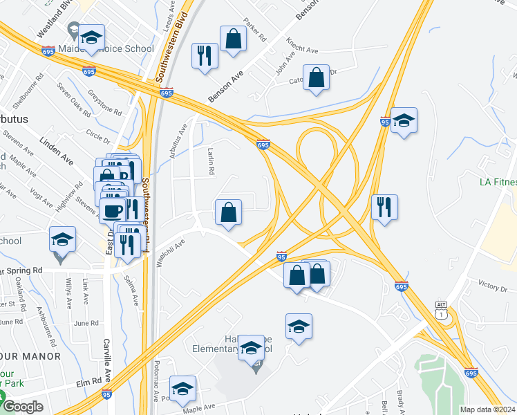 map of restaurants, bars, coffee shops, grocery stores, and more near 1561 Lister Road in Halethorpe
