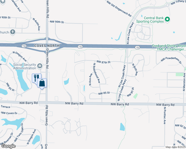 map of restaurants, bars, coffee shops, grocery stores, and more near 8567 North Ava Avenue in Kansas City