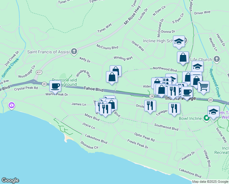 map of restaurants, bars, coffee shops, grocery stores, and more near Nevada 28 in Incline Village