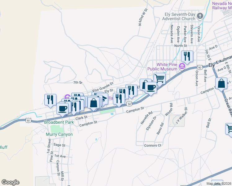 map of restaurants, bars, coffee shops, grocery stores, and more near 988 Ely Street in Ely
