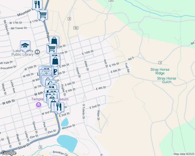 map of restaurants, bars, coffee shops, grocery stores, and more near 527 East 6th Street in Leadville