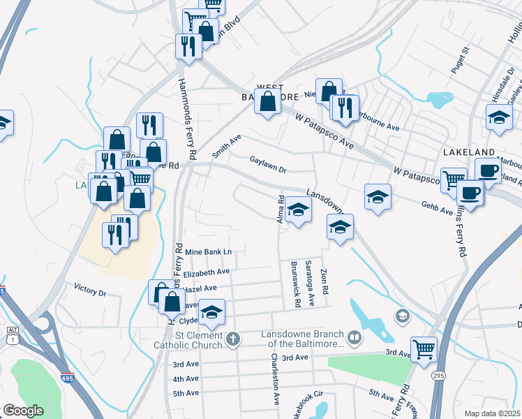 map of restaurants, bars, coffee shops, grocery stores, and more near 257 Green Fern Way in Halethorpe