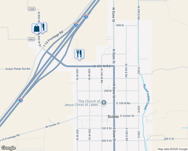 map of restaurants, bars, coffee shops, grocery stores, and more near 240 West 300 North Road in Scipio