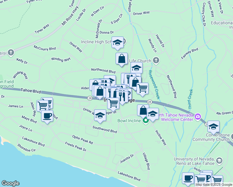map of restaurants, bars, coffee shops, grocery stores, and more near 317 Village Boulevard in Incline Village