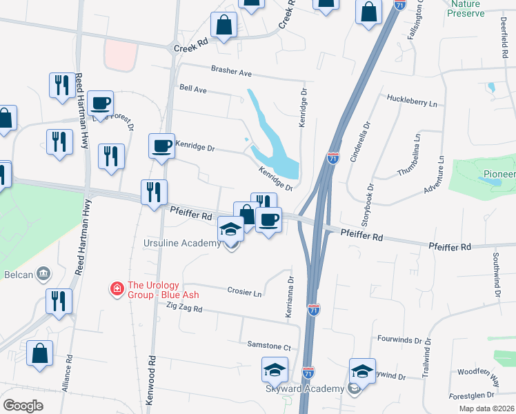 map of restaurants, bars, coffee shops, grocery stores, and more near 5720 Old Pfeiffer Lane in Blue Ash
