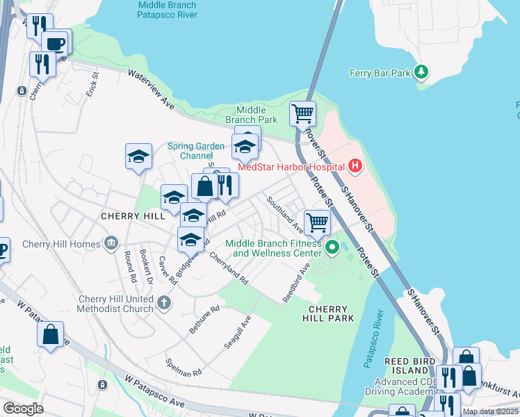 map of restaurants, bars, coffee shops, grocery stores, and more near 425 Roundview Road in Baltimore