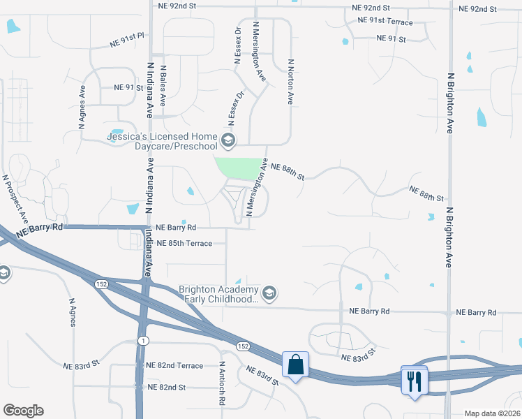 map of restaurants, bars, coffee shops, grocery stores, and more near 8631 North Myrtle in Kansas City