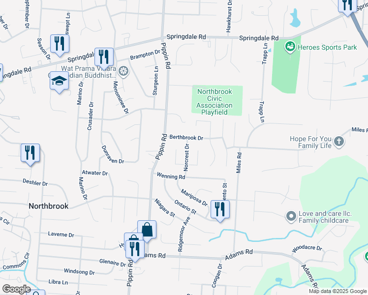 map of restaurants, bars, coffee shops, grocery stores, and more near 9889 Norcrest Drive in Cincinnati