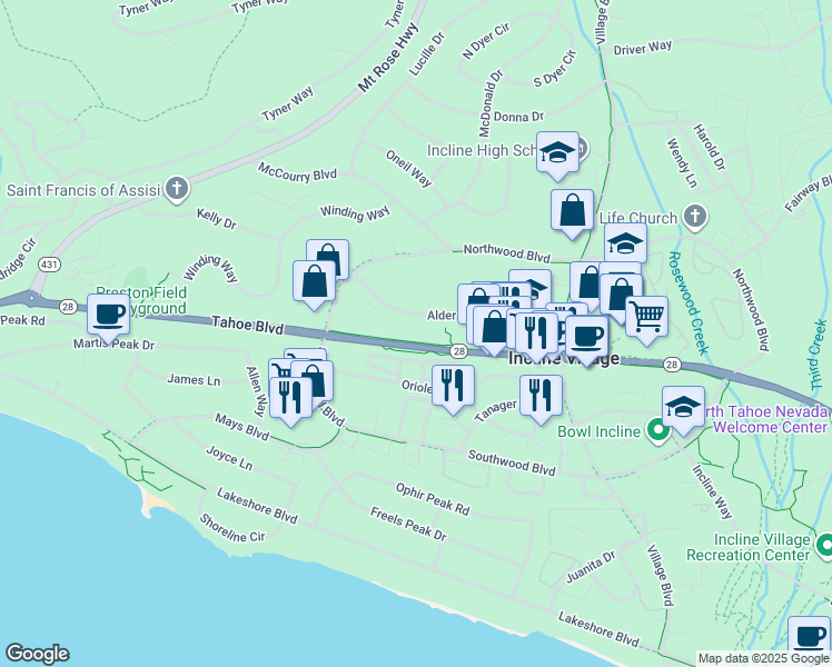 map of restaurants, bars, coffee shops, grocery stores, and more near 836 Tahoe Boulevard in Incline Village