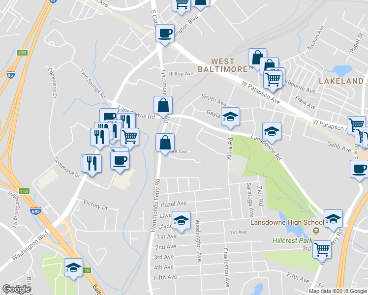 map of restaurants, bars, coffee shops, grocery stores, and more near 108 Ridge Avenue in Halethorpe