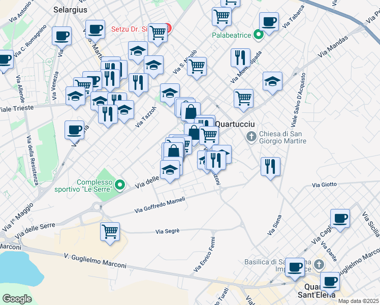 map of restaurants, bars, coffee shops, grocery stores, and more near 20 Via delle Serre in Quartucciu