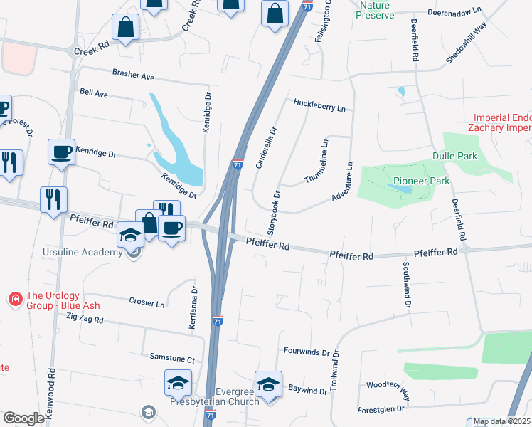 map of restaurants, bars, coffee shops, grocery stores, and more near 10449 Cinderella Drive in Cincinnati