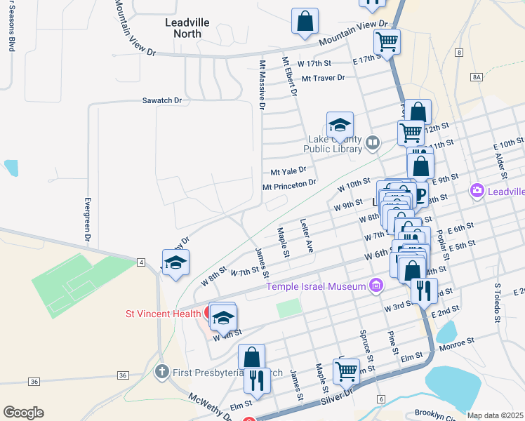 map of restaurants, bars, coffee shops, grocery stores, and more near 921 Mount Massive Drive in Leadville